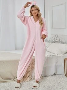 3D Ear Design Hooded Teddy Sleep Romper - Baby Pink - View 5