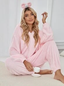 3D Ear Design Hooded Teddy Sleep Romper - Baby Pink - View 6