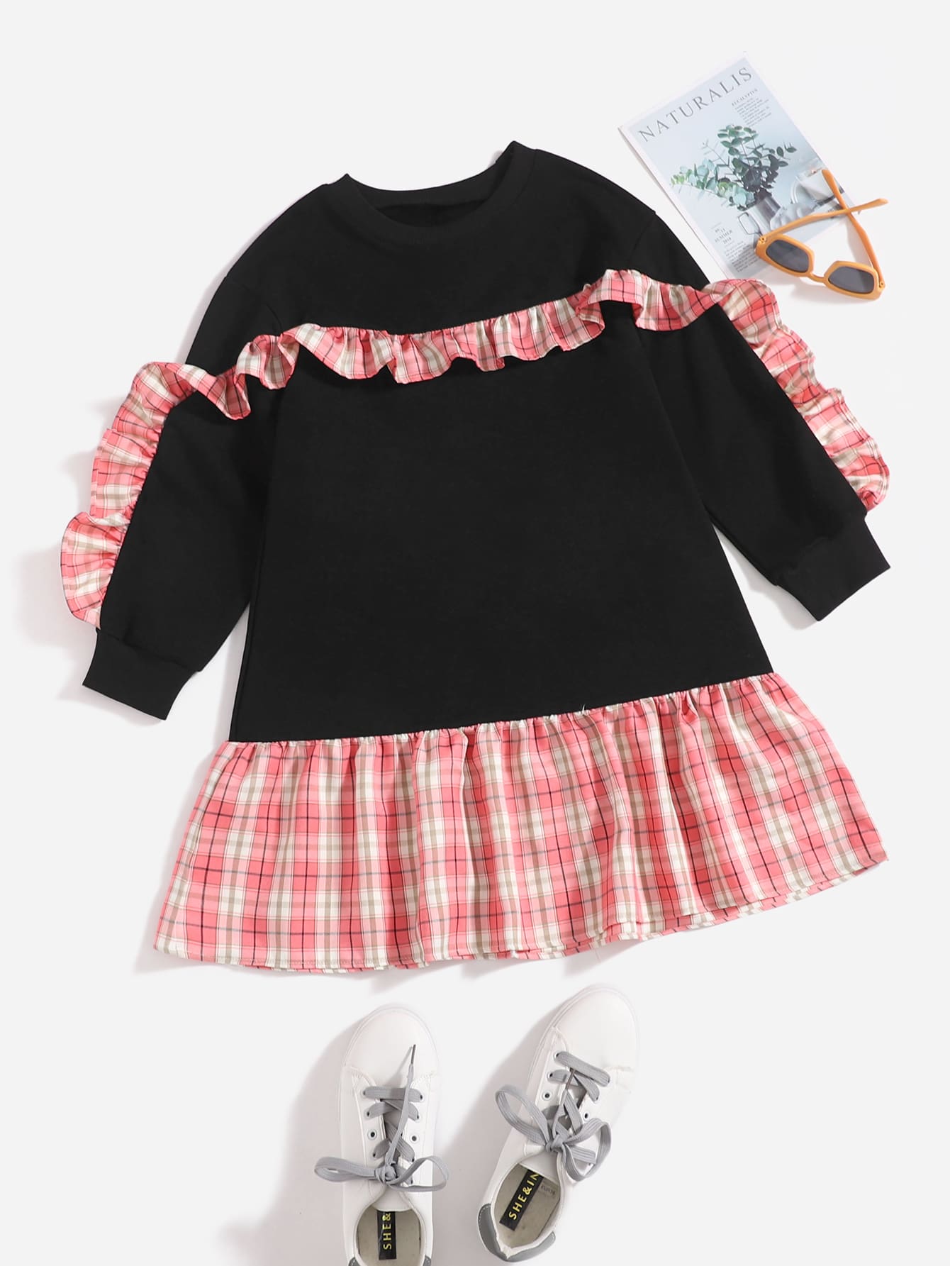 女孩蘇格蘭格紋褶邊荷葉邊衛衣連衣裙 - 彩色 - 查看 1