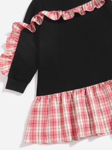 女孩蘇格蘭格紋褶邊荷葉邊衛衣連衣裙 - 彩色 - 查看 4