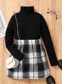 Toddler Girls High Neck Tee & Plaid Skirt - Black and White - View 1