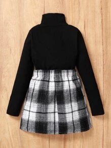 Toddler Girls High Neck Tee & Plaid Skirt - Black and White - View 2