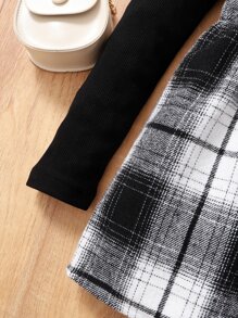 Toddler Girls High Neck Tee & Plaid Skirt - Black and White - View 6