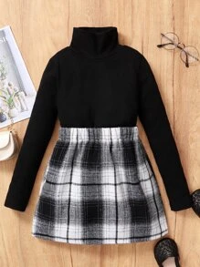 Toddler Girls High Neck Tee & Plaid Skirt - Black and White - View 4