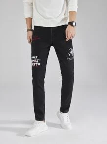 Manfinity Men Slogan Embroidery Slant Pocket Jeans - Black - View 1