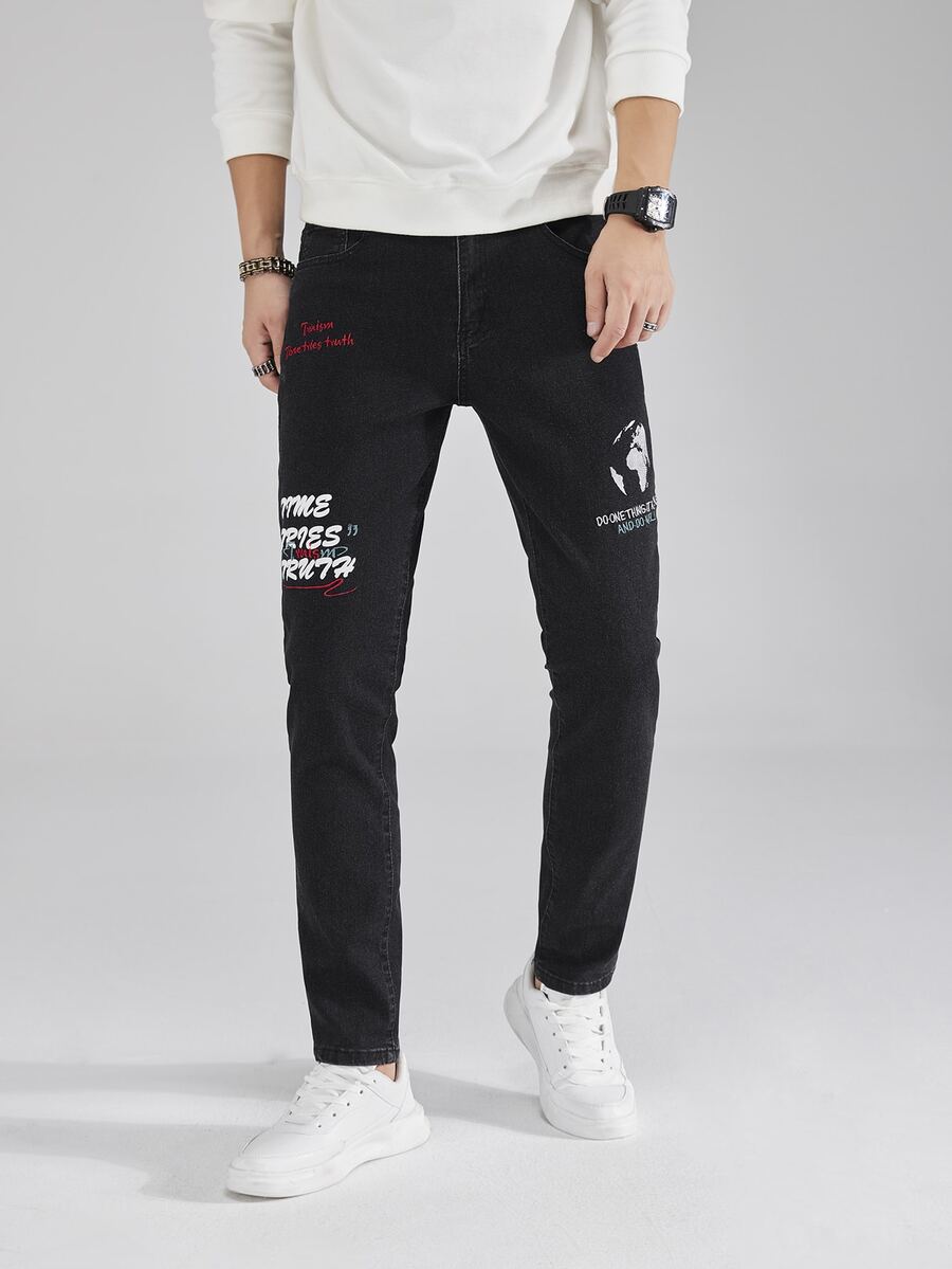 Manfinity Men Slogan Embroidery Slant Pocket Jeans - Black - View 1