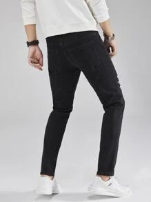 Manfinity Men Slogan Embroidery Slant Pocket Jeans - Black - View 2