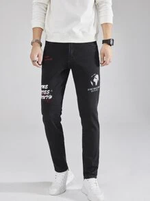 Manfinity Men Slogan Embroidery Slant Pocket Jeans - Black - View 3