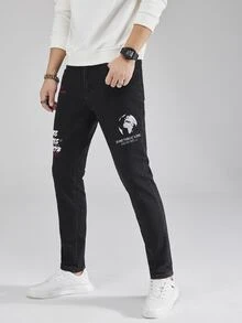 Manfinity Men Slogan Embroidery Slant Pocket Jeans - Black - View 4