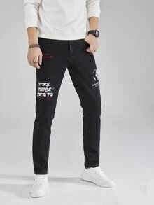 Manfinity Men Slogan Embroidery Slant Pocket Jeans - Black - View 6