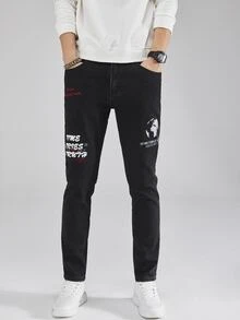 Manfinity Men Slogan Embroidery Slant Pocket Jeans - Black - View 7