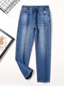 Bé Gái Quần Jeans Túi Denim mùa giặt màu trơn - Rửa trung bình - Xem 1