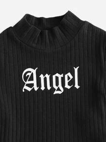 SHEIN 少女字母圖形領高領t恤和格紋裙