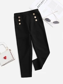 SHEIN Young Girl Fake Button Tapered Pants - Black - View 1