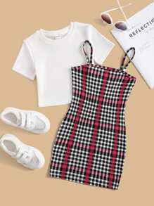 SHEIN Niñitas tejido de canalé Camiseta & de cuadros Vestido de tirantes - Multicolor - Ver 1