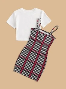 SHEIN Niñitas tejido de canalé Camiseta & de cuadros Vestido de tirantes - Multicolor - Ver 2