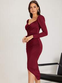 SHEIN BAE 素色圍裹緊身洋裝 - 酒紅色 - 查看 5