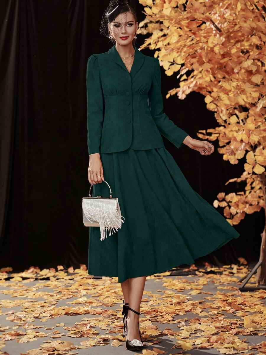 青果領泡泡袖燈芯絨大衣和半身裙 - 墨綠色 - 查看 1