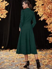 青果領泡泡袖燈芯絨大衣和半身裙 - 墨綠色 - 查看 2