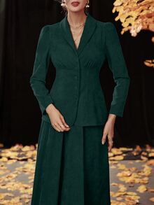 青果領泡泡袖燈芯絨大衣和半身裙 - 墨綠色 - 查看 4