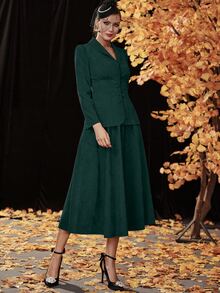 青果領泡泡袖燈芯絨大衣和半身裙 - 墨綠色 - 查看 5