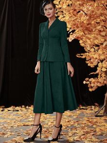 青果領泡泡袖燈芯絨大衣和半身裙 - 墨綠色 - 查看 6