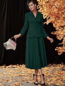 青果領泡泡袖燈芯絨大衣和半身裙 - 墨綠色 - 查看 7