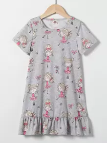 Toddler Girls Cartoon Figure Graphic Ruffle Hem Night Dress - Light Grey - View 1