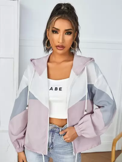 SHEIN PETITE Chaqueta con capucha con cremallera y cordón, de hombros caídos y bloques de color, para otoño/invierno