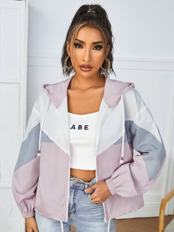 SHEIN PETITE Cazadora de color combinado de hombros caídos con cremallera con cordón con capucha