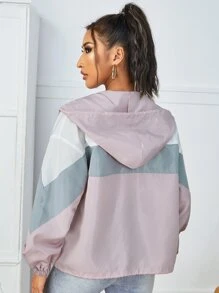 SHEIN PETITE Colour Block Drop Shoulder Zip Up Drawstring Hooded Jacket - Multicolor - View 2