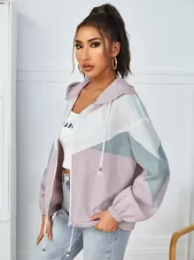 SHEIN PETITE Colour Block Drop Shoulder Zip Up Drawstring Hooded Jacket - Multicolor - View 3