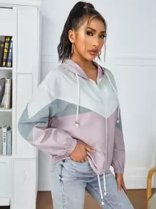 SHEIN PETITE Colour Block Drop Shoulder Zip Up Drawstring Hooded Jacket - Multicolor - View 5