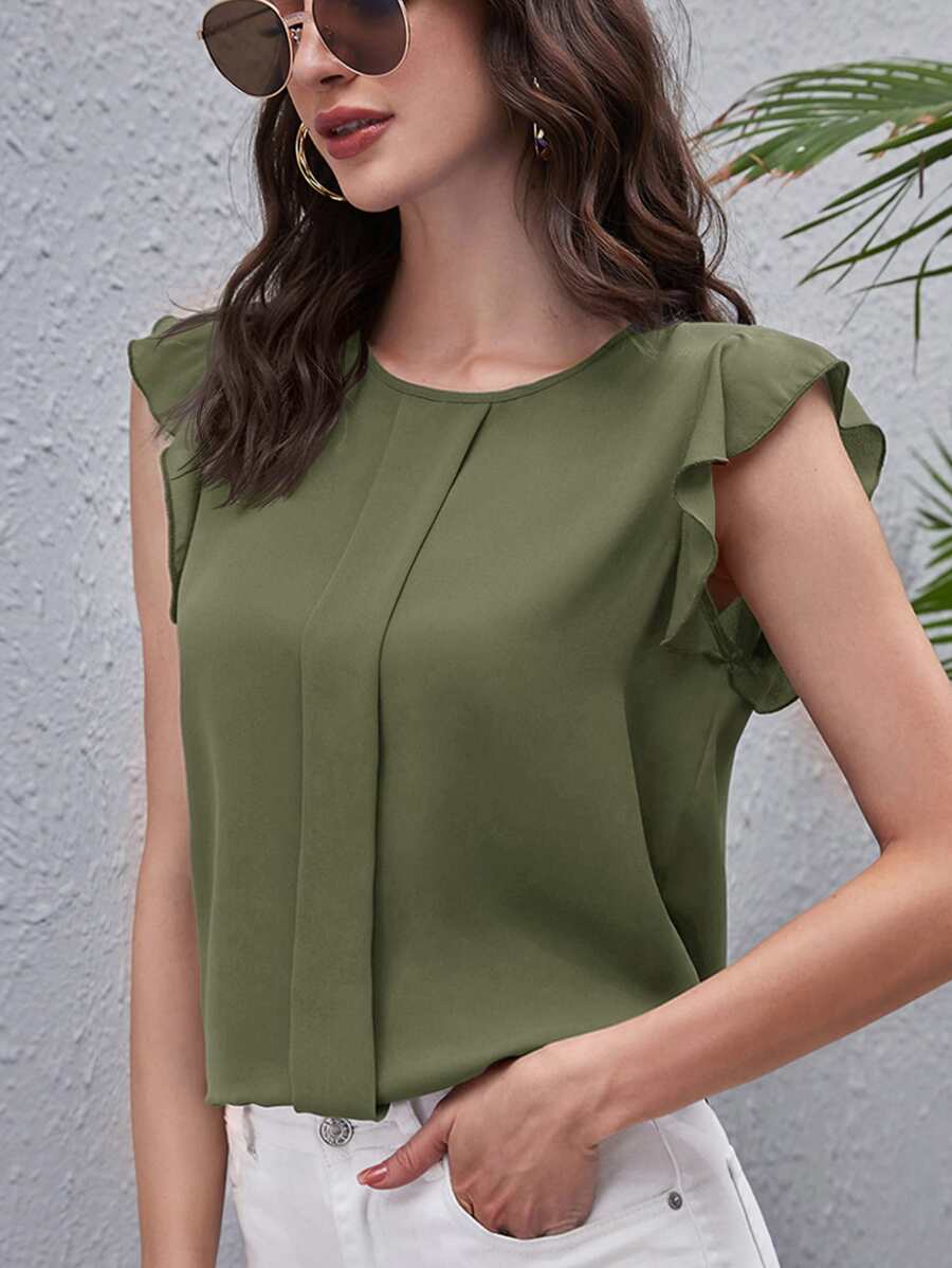 SHEIN Clasi Áo sơ mi nữ Nút Xù màu trơn Giải trí - xanh quân đội - Xem 1