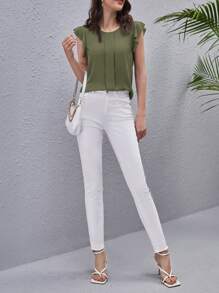 SHEIN Clasi Áo sơ mi nữ Nút Xù màu trơn Giải trí - xanh quân đội - Xem 5