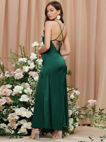 SHEIN Vestido de tirantes de espalda abierta con cordón fruncido lateral de muslo con abertura de satén - Verde - Ver 5
