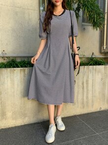 DAZY Striped Print Puff Sleeve Fold Pleated Tee Dress Sundress,Casual Women Dresses - Black and White - View 1