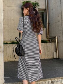 DAZY Striped Print Puff Sleeve Fold Pleated Tee Dress Sundress,Casual Women Dresses - Black and White - View 2