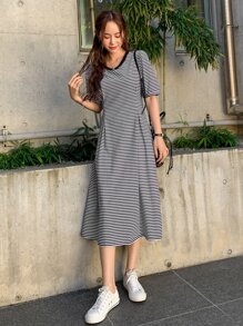 DAZY Striped Print Puff Sleeve Fold Pleated Tee Dress Sundress,Casual Women Dresses - Black and White - View 5