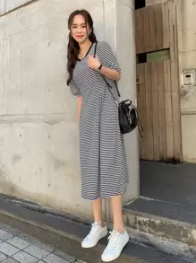 DAZY Striped Print Puff Sleeve Fold Pleated Tee Dress Sundress,Casual Women Dresses - Black and White - View 6