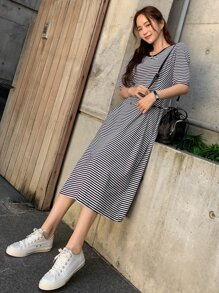 DAZY Striped Print Puff Sleeve Fold Pleated Tee Dress Sundress,Casual Women Dresses - Black and White - View 7