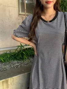 DAZY Striped Print Puff Sleeve Fold Pleated Tee Dress Sundress,Casual Women Dresses - Black and White - View 8