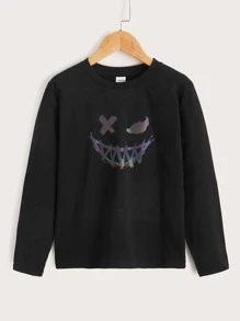 SHEIN Boys Reflective Expression Print Tee - Black - View 5