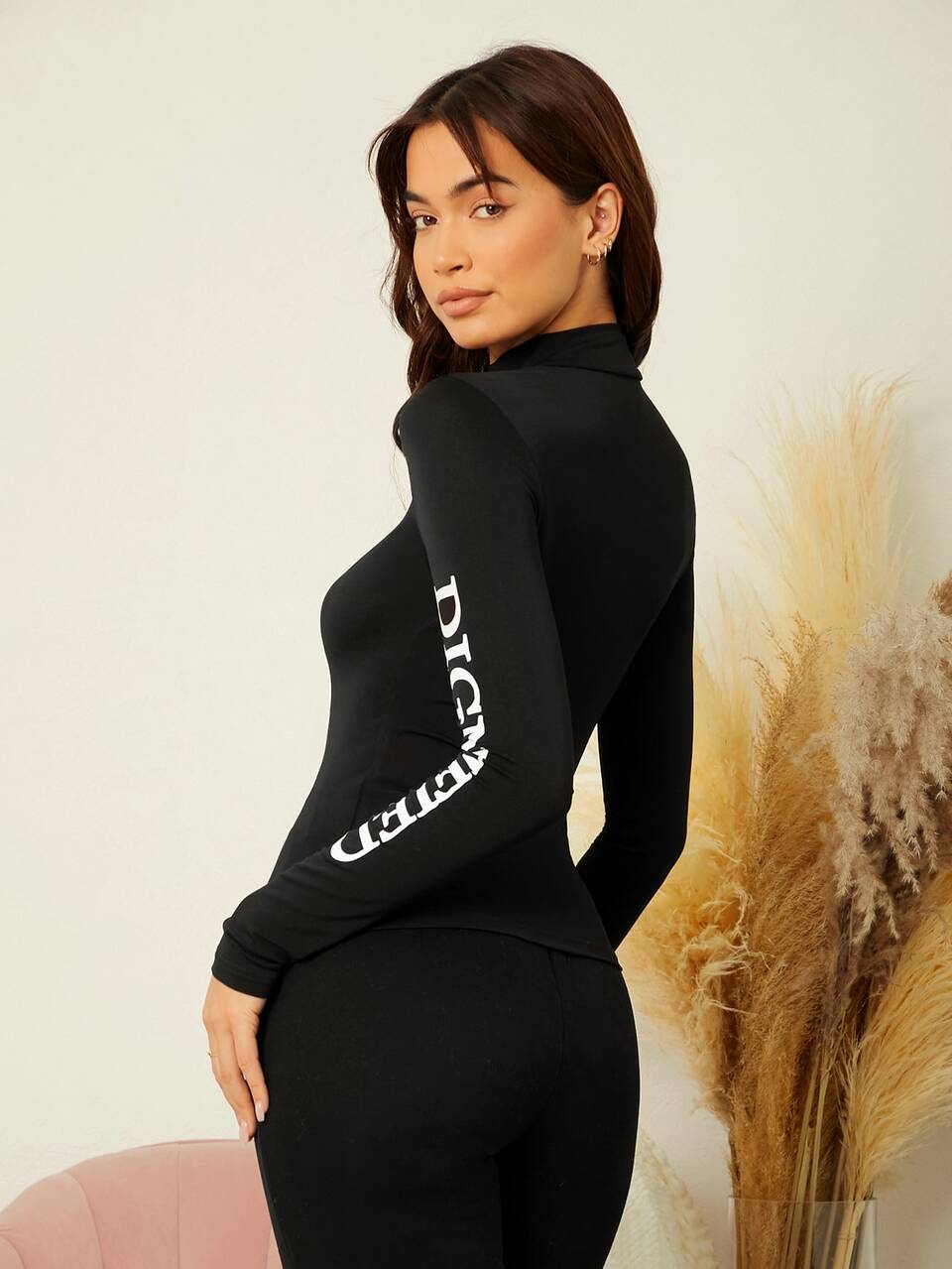 Mock Neck Letter Graphic Form Fitted Top