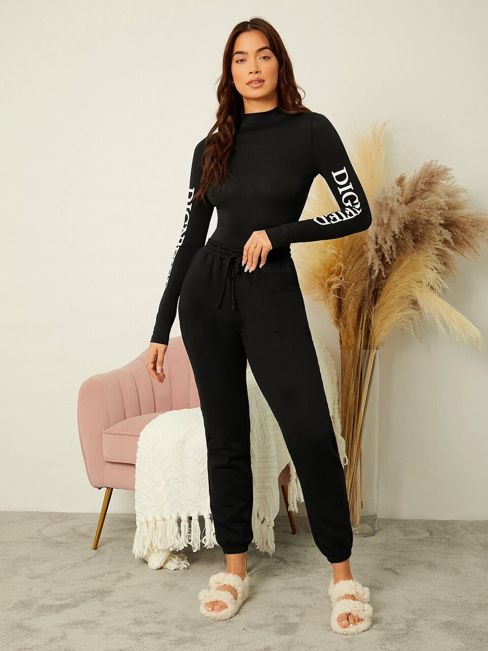 Mock Neck Letter Graphic Form Fitted Top