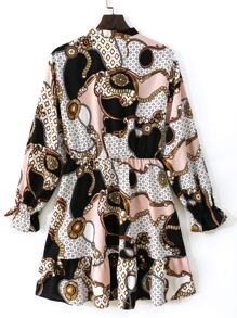 Rometta 大碼鏈條和幾何印花荷葉袖繫帶領荷葉邊連衣裙