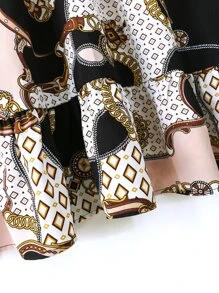 Rometta 大碼鏈條和幾何印花荷葉袖繫帶領荷葉邊連衣裙