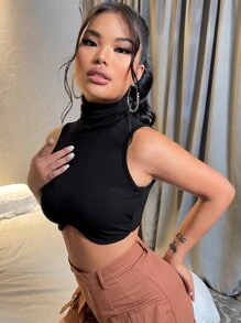 SHEIN SXY Top tank tejido de canalé unicolor de cuello tortuga - Negro - Ver 6