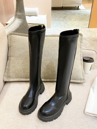 女士时尚纯色及膝高筒靴，厚底，圆头，软底，舒适中筒长度，带扣，适合秋冬季，搭配毛衣，黑色靴子