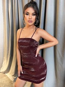 SHEIN SXY Cut Out Back PU Leather Bodycon Dress - Maroon - View 4